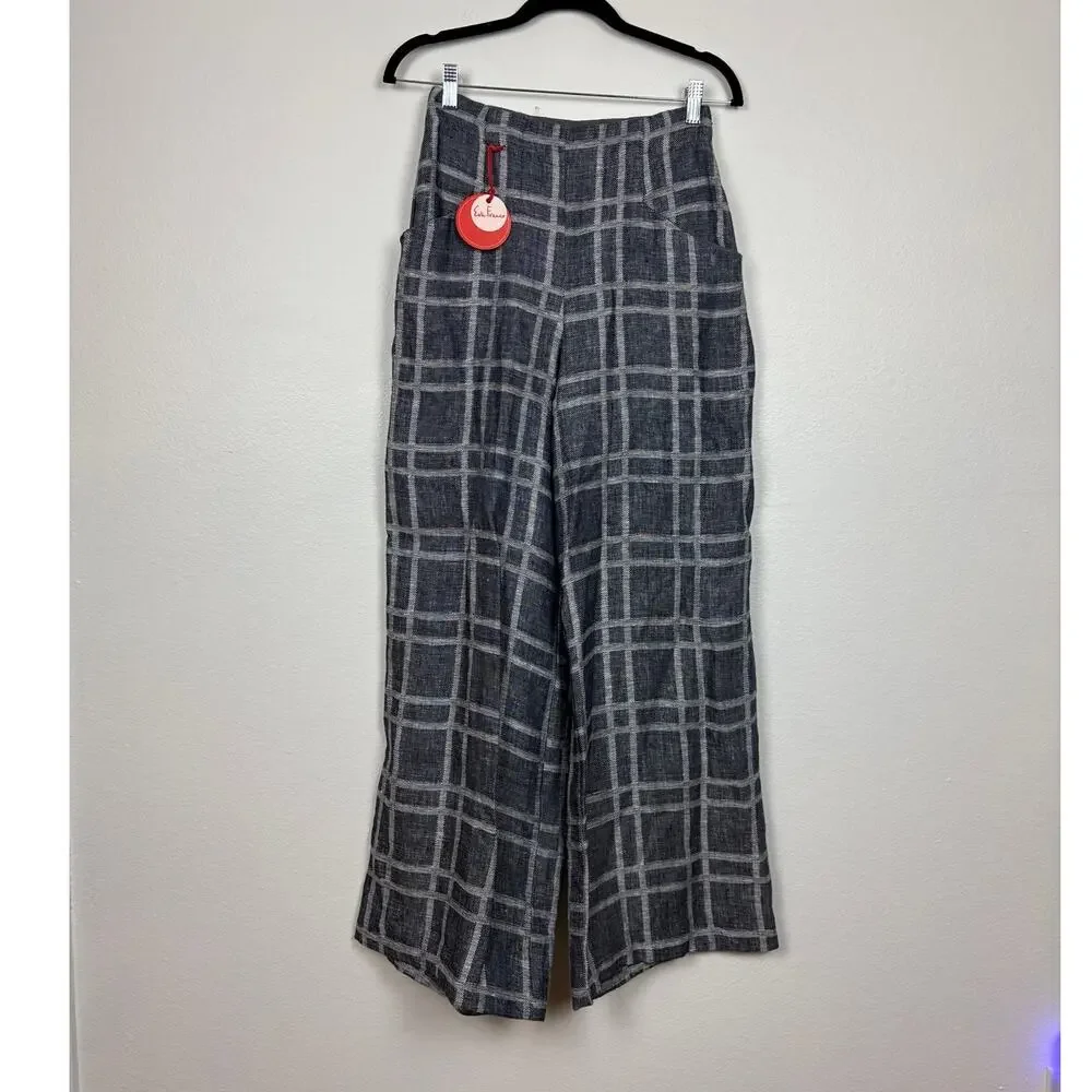 NWT Eva Franco Hepburn Wide Leg Indigo Plaid High Rise Linen Pants 2 - Picture 2 of 5
